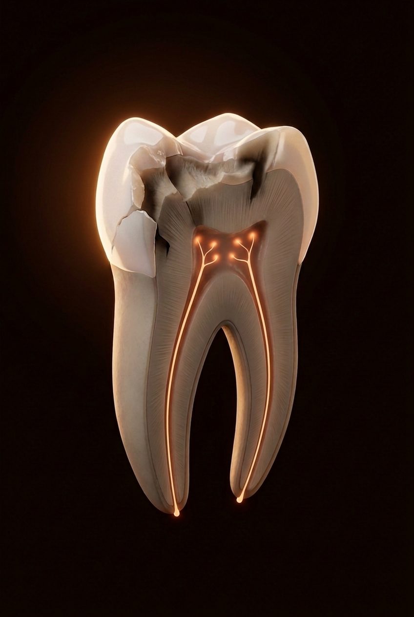 Conceptual cross-section of a cracked molar, the nerve lit in warm amber